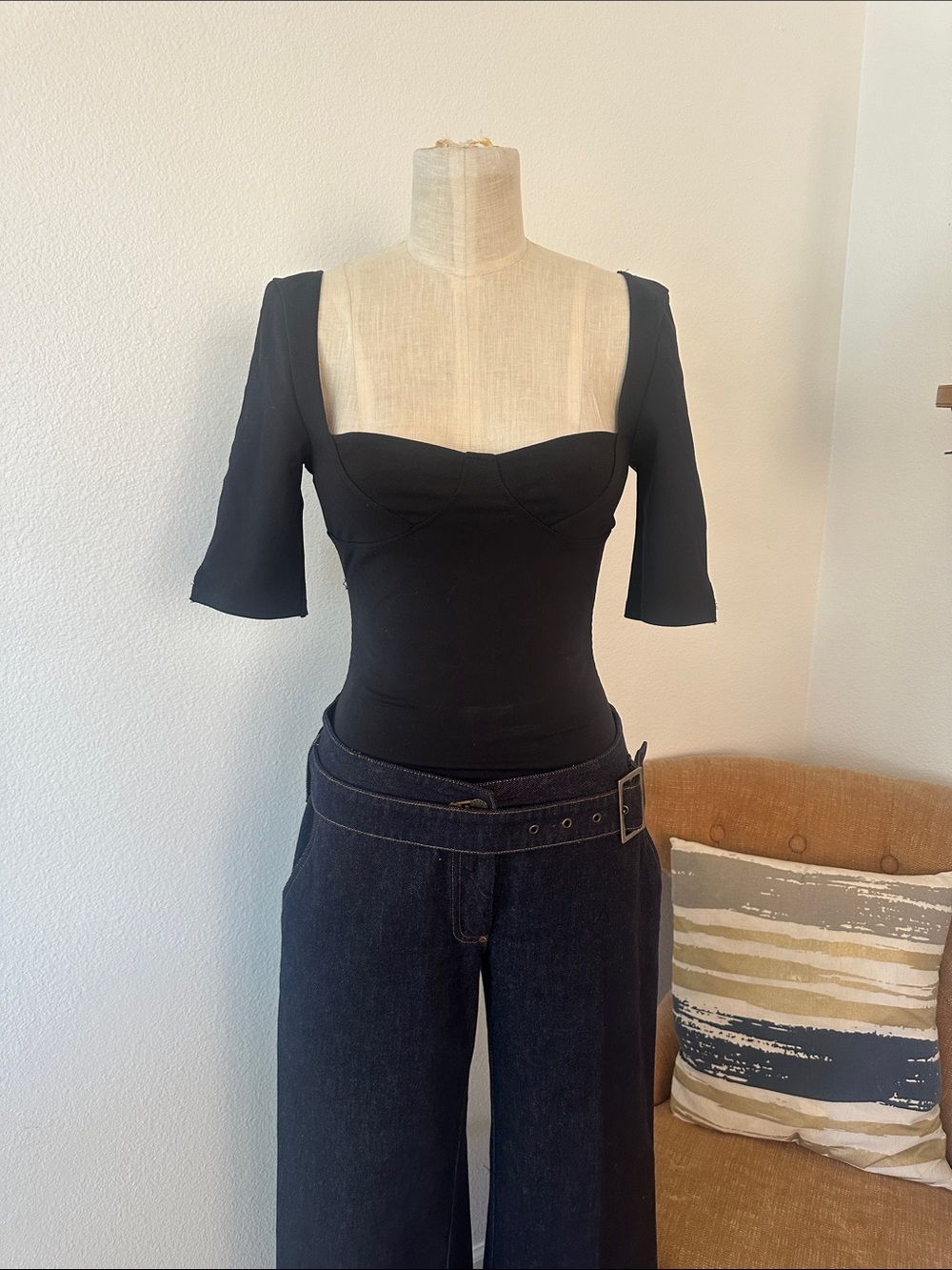 Free People Black Square-Bust Fitted Top